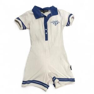 white and blue with embroidered playboy logo romper